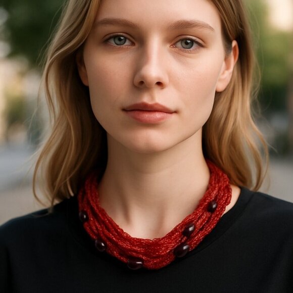 Torsade Necklace Red Beaded Casual Career Adjustable Length - Picture 1 of 4